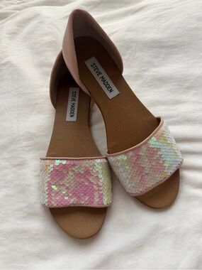 Steve Madden Sidestep Pink Iridescent Sequin D’Orsay Flat Sandals Size 7M